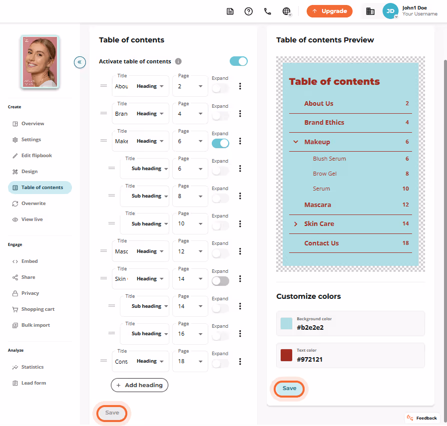 Preview of the active table of contents layout with styled titles, colors, and indentation. Preview of the active table of contents layout with styled titles, colors, and indentation.