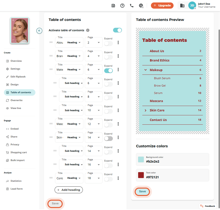 Preview of the active table of contents layout with styled titles, colors, and indentation.