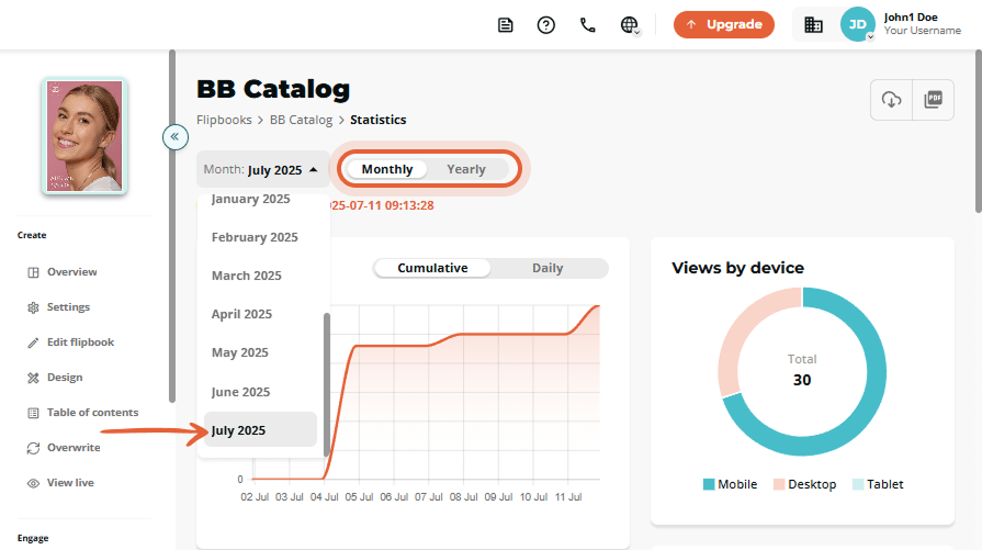 Monthly filter selected for flipbook statistics with dropdown menu expanded.