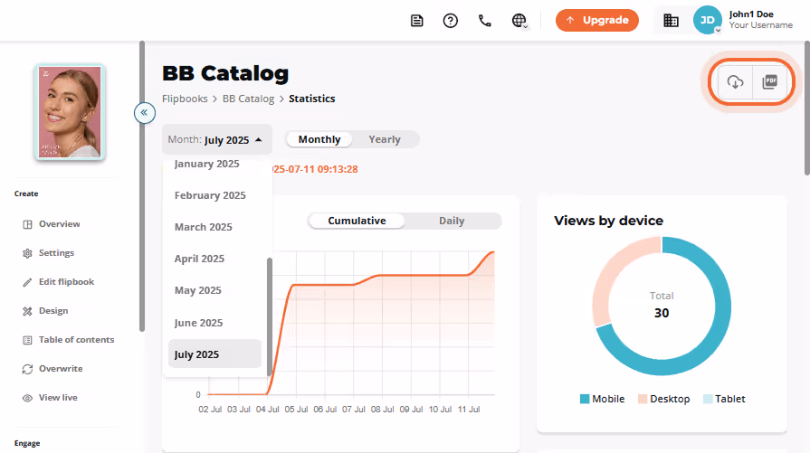 Option to download or refresh flipbook statistics in the top right corner.