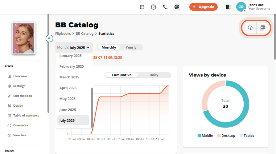 Option to download or refresh flipbook statistics in the top right corner.