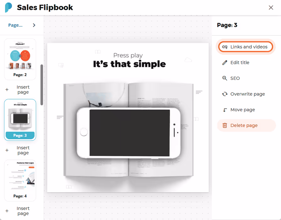 Links and videos menu open with page 3 of a flipbook shown and an iPhone overlaying an open book. Links and videos menu open with page 3 of a flipbook shown and an iPhone overlaying an open book.