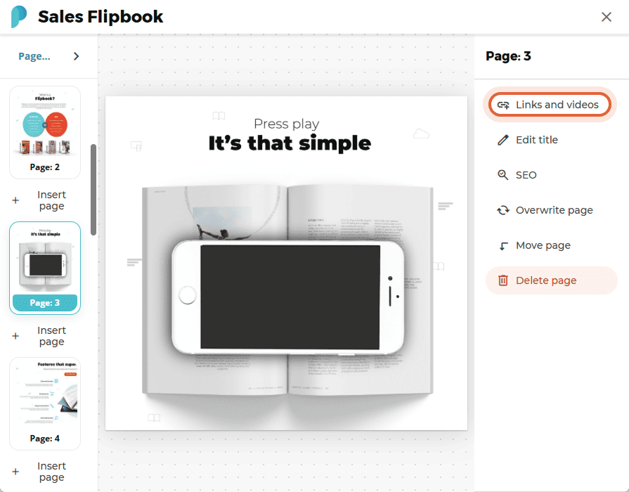 Links and videos menu open with page 3 of a flipbook shown and an iPhone overlaying an open book.