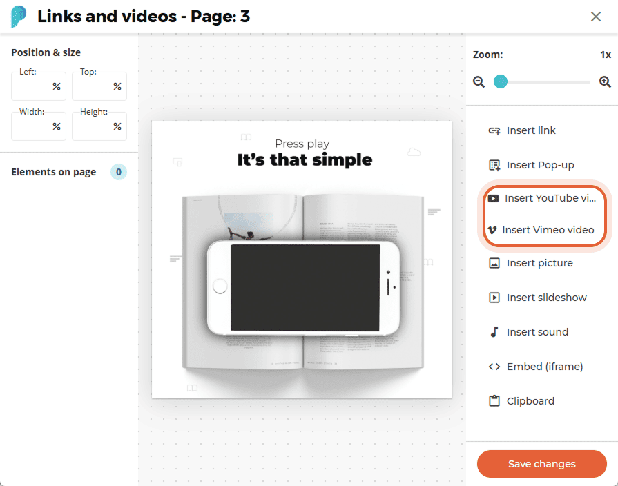 Insert video menu with Insert YouTube and Insert Vimeo options highlighted on the right.
