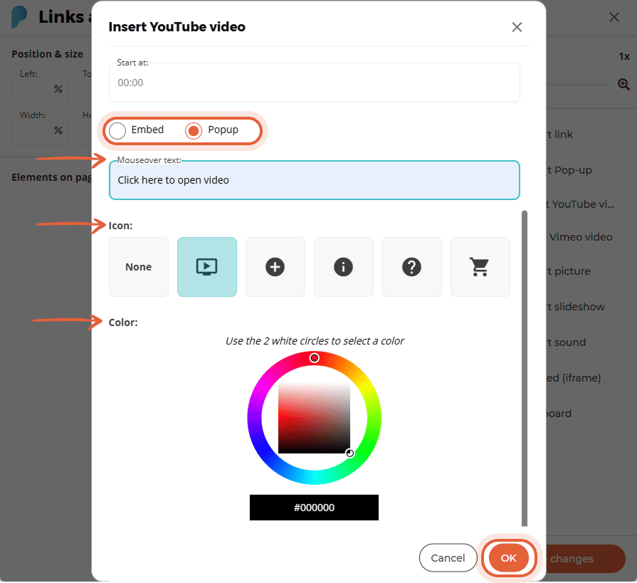 YouTube video appearance settings with popup selected, custom text, icon, and color picker visible.