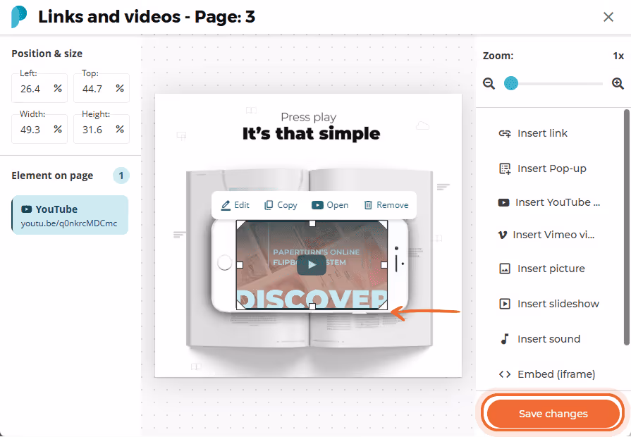 Move and scale the video in the flipboook in the paperturn dashboard.