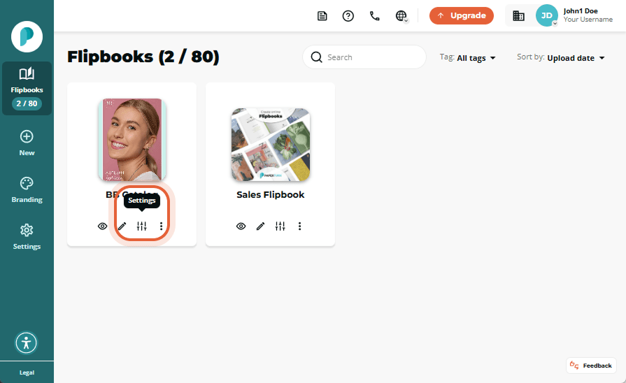 Flipbooks dashboard with the slider-style Settings icon highlighted beneath the “BB Catalog” thumbna