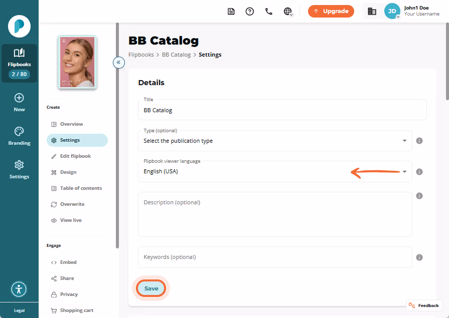 BB Catalog Settings page showing the “Flipbook viewer language” dropdown arrow and the Save button h