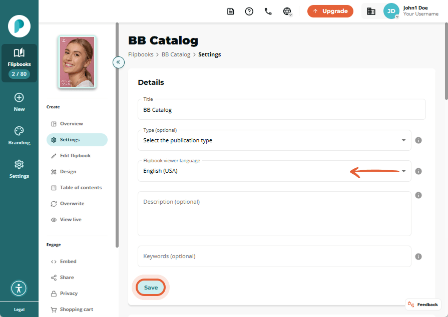 BB Catalog Settings page showing the “Flipbook viewer language” dropdown arrow and the Save button h