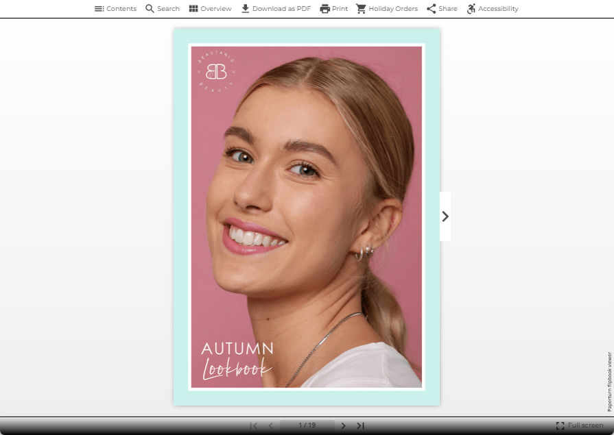 Flipbook viewer displaying the BB Catalog cover with top-bar menu options visible.