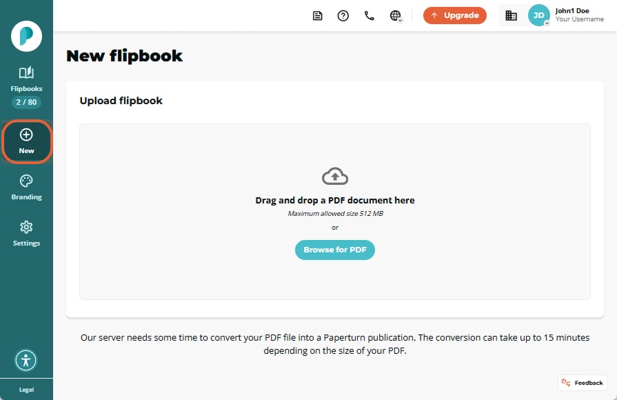 Paperturn dashboard, “New flipbook” view with the sidebar “＋ New” button circled and a central drop-