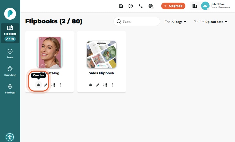 Flipbooks overview, two thumbnails; the first flipbook is circled and shows a “View live” tooltip ab