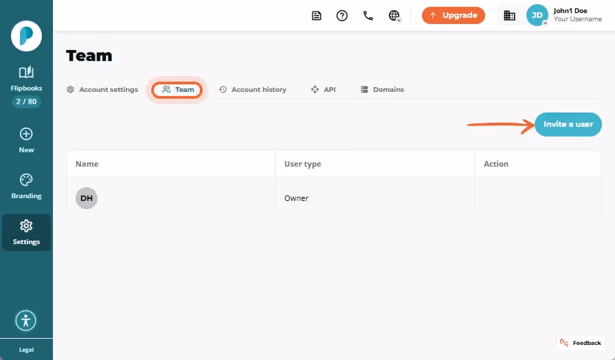Team settings showing one owner listed; “Team” tab and turquoise “Invite a user” button on the right
