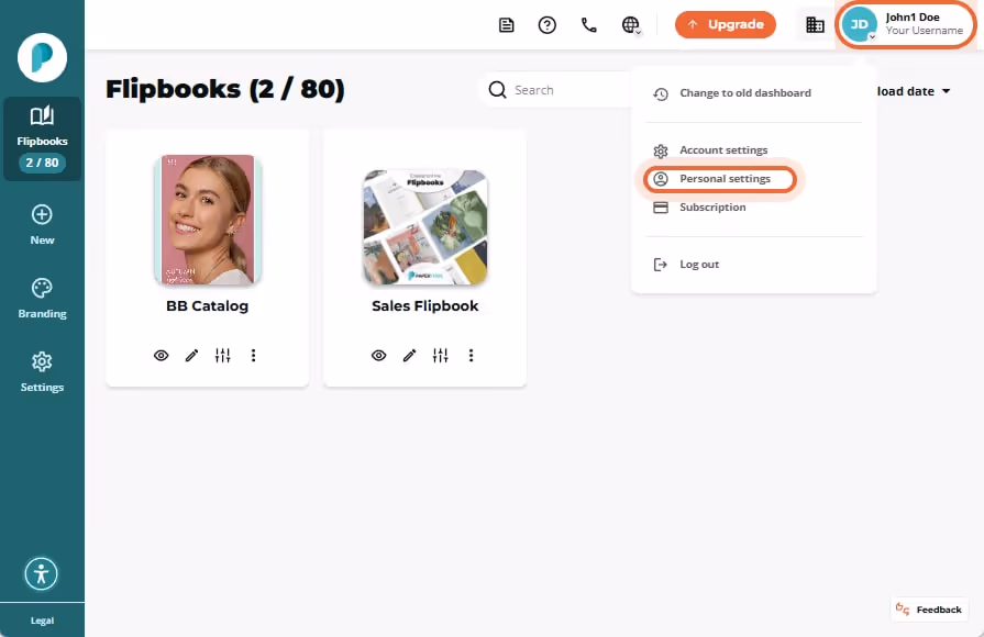 Flipbooks overview with profile menu open; “Personal settings” option in the dropdown is circled.
