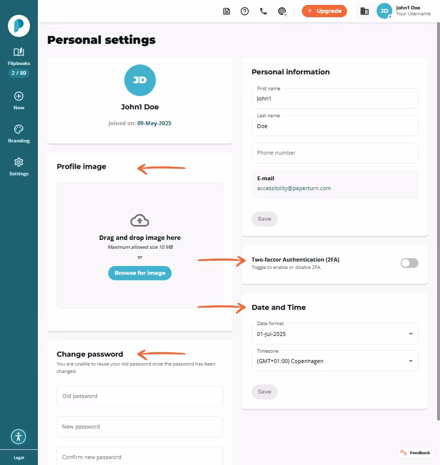 Personal settings page with avatar, image upload box, contact fields, 2FA switch, date/time and pass