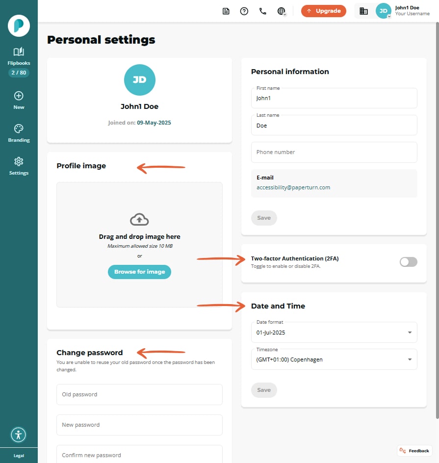 Personal settings page with avatar, image upload box, contact fields, 2FA switch, date/time and pass
