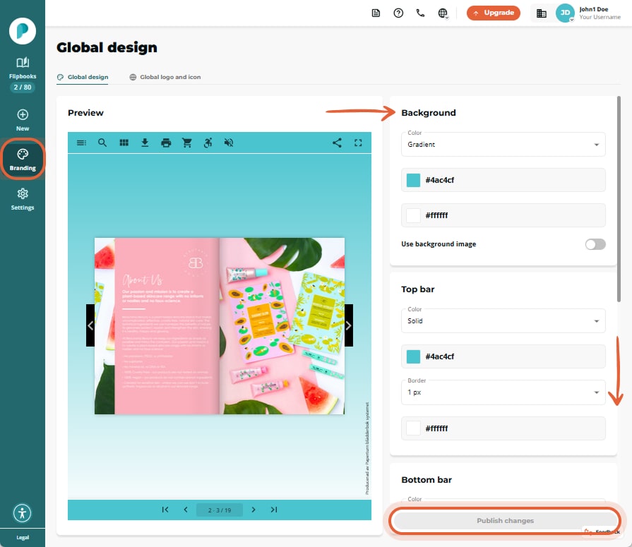 Branding - Global design view; preview left, background-color controls right, “Publish changes” butt