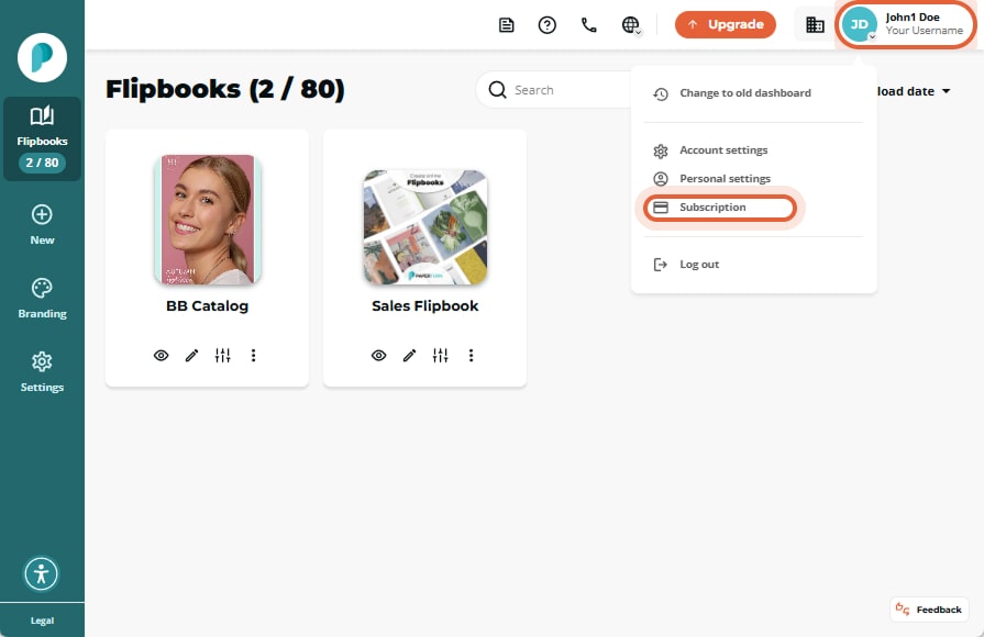 Flipbooks overview with profile menu open; “Subscription” option in the dropdown is circled.
