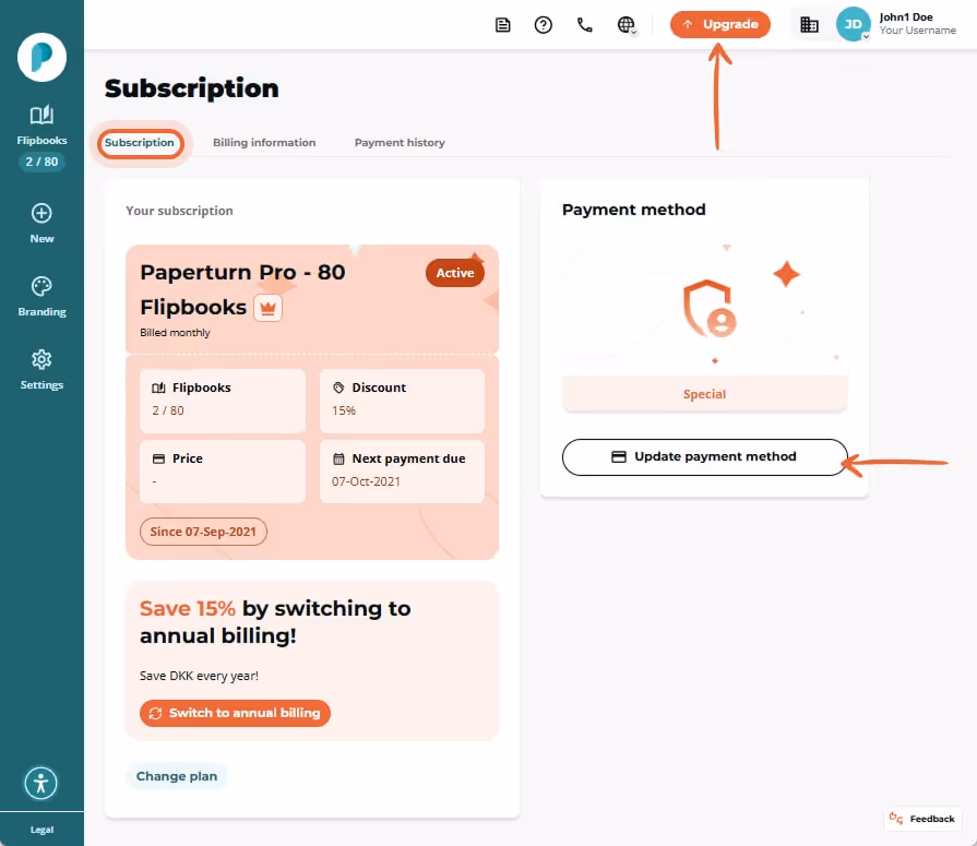 Subscription page showing plan card, payment method panel with “Update payment method” button arrow,