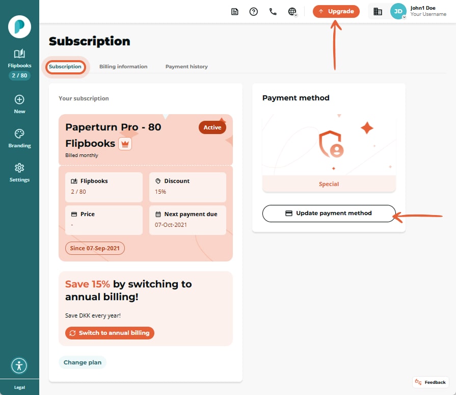 Subscription page showing plan card, payment method panel with “Update payment method” button arrow,