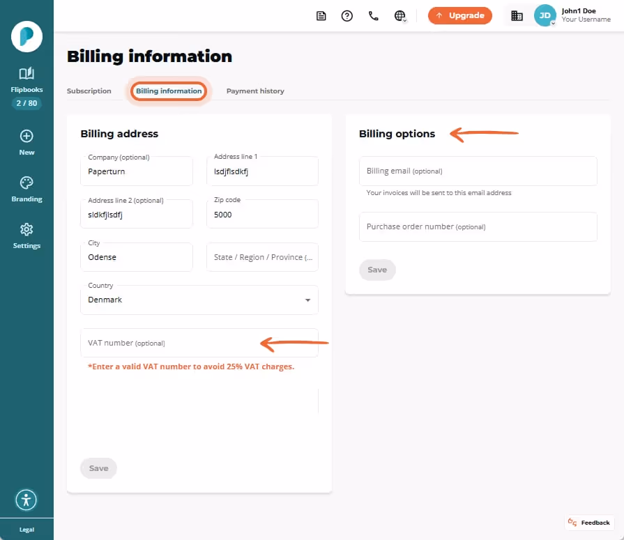 Billing information tab selected; address and VAT fields on left and billing options on right, both 