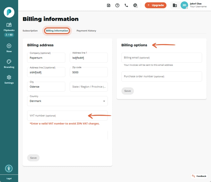 Billing information tab selected; address and VAT fields on left and billing options on right, both 