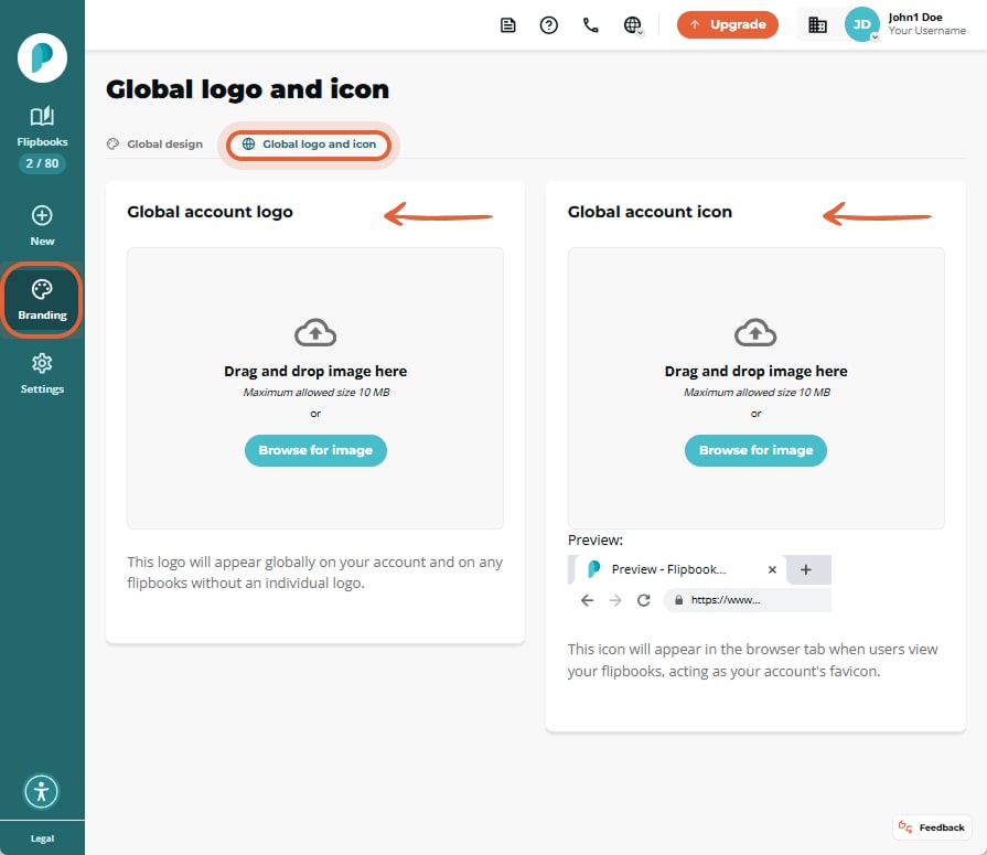 Branding - Global logo and icon page; two upload boxes for account logo and favicon are highlighted,