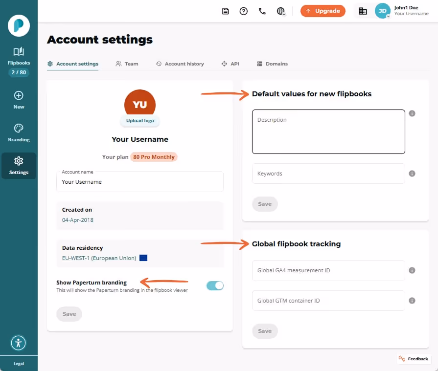 Account settings screen showing account info, default flipbook fields, branding toggle and GA/GTM tr
