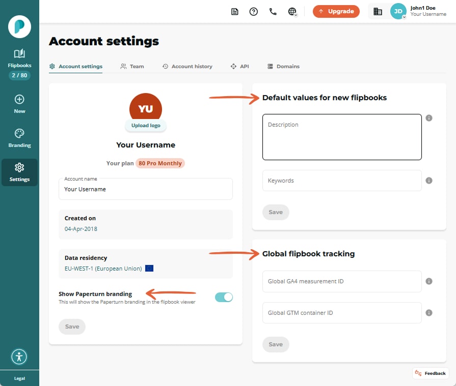 Account settings screen showing account info, default flipbook fields, branding toggle and GA/GTM tr