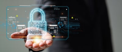 A hand holding a AI screen with a lock and webpage tabs icon on the side.