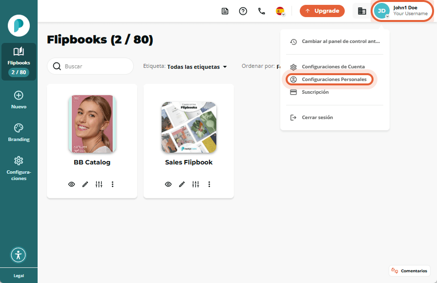 Desplegable con la opción de configuración personal resaltada en el menú de perfil de usuario
