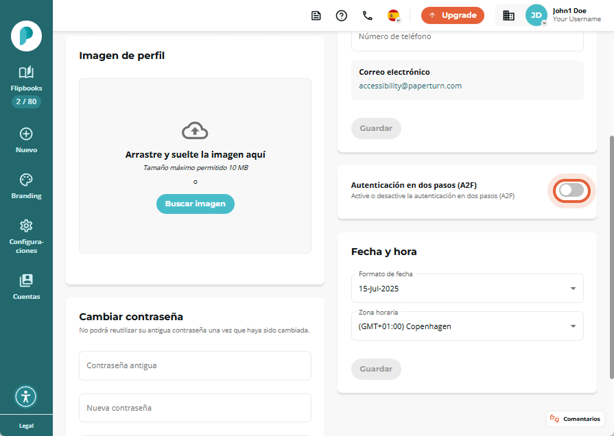 Panel de configuración personal que muestra el interruptor de 2FA desactivado