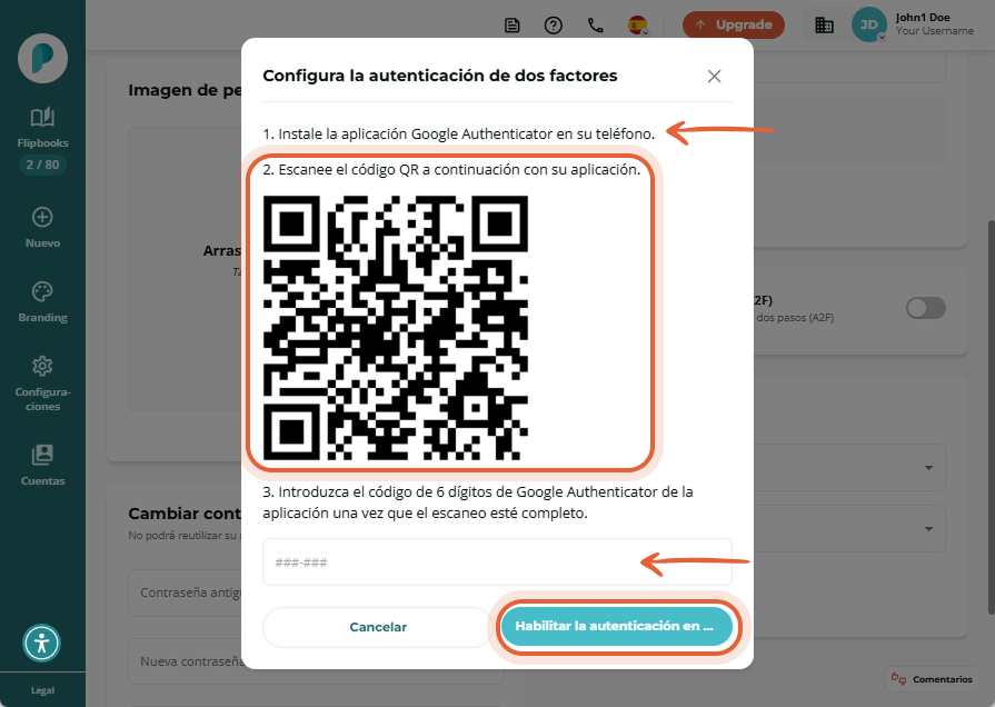 Fenestrillo emergente con código QR e instrucciones para configurar la autenticación en dos pasos