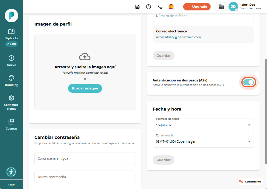 Interruptor de 2FA activado en el panel de configuración personal