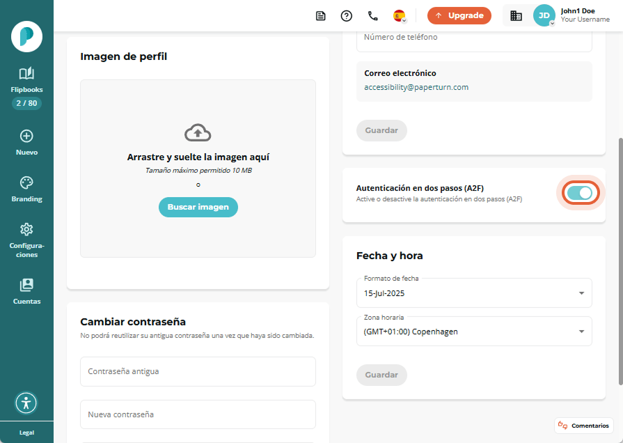 Configuración personal con el interruptor de nuevo en posición Desactivado