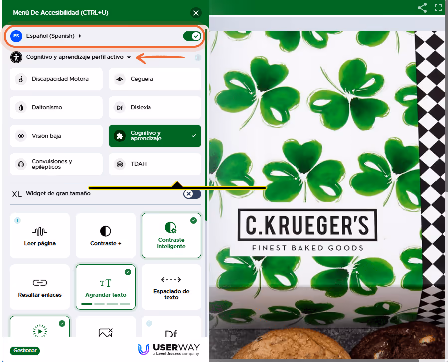 Menú de accesibilidad abierto en el flipbook, con opciones como lector de pantalla, contraste, modo 