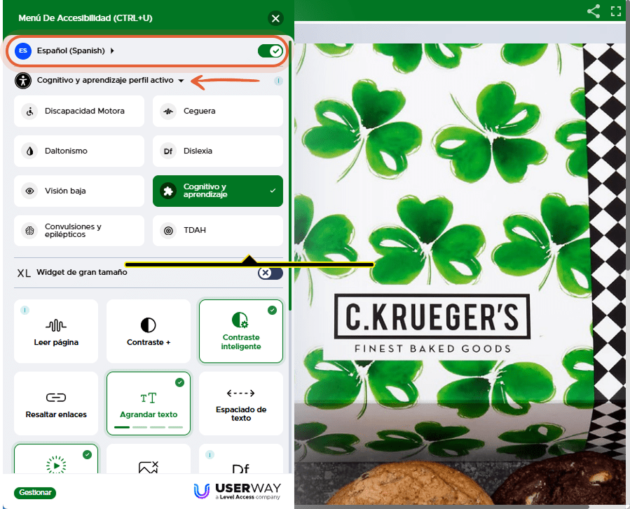 Menú de accesibilidad abierto en el flipbook, con opciones como lector de pantalla, contraste, modo 