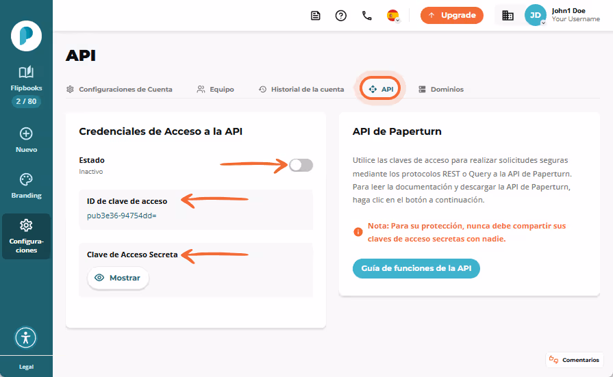 Página de configuración de API que muestra un interruptor de estado inactivo y los campos “Access ke