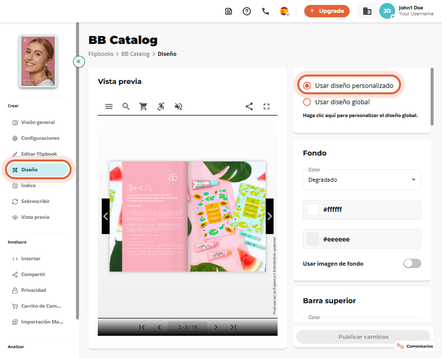Vista de diseño de “BB Catalog” con la pestaña Diseño de la izquierda activa y seleccionado el botón