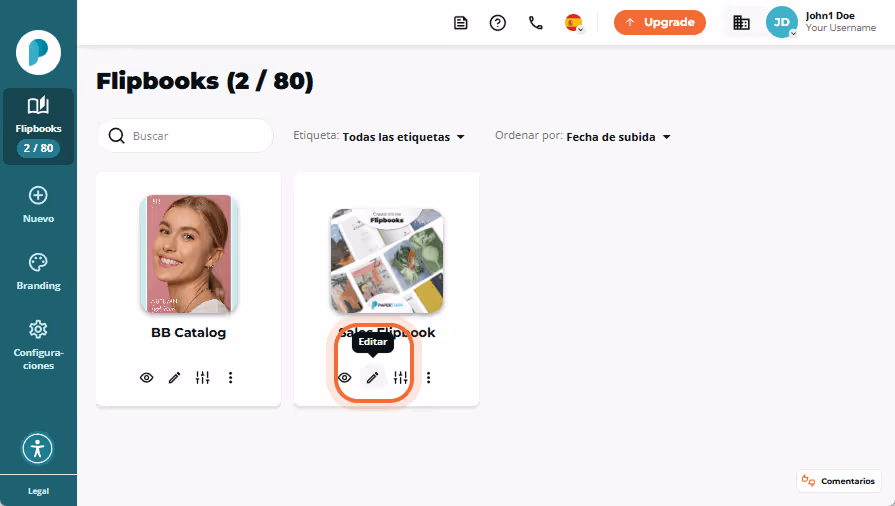 Panel de Flipbooks con el icono Editar en forma de lápiz resaltado bajo la miniatura de “Sales Flipb