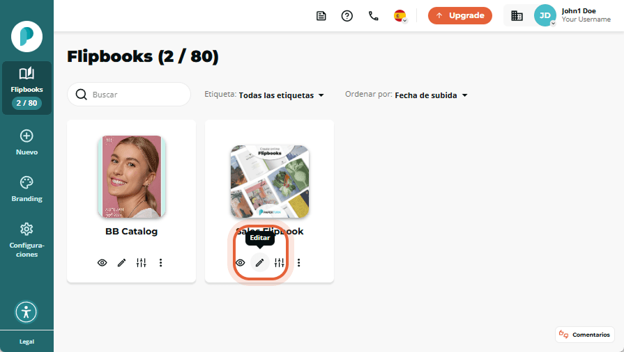 Panel de Flipbooks con el icono Editar en forma de lápiz resaltado bajo la miniatura de “Sales Flipb