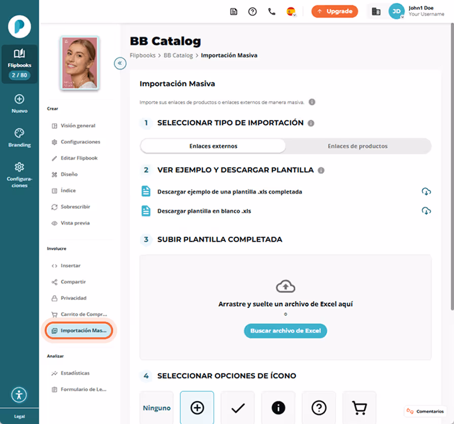 Panel de Importación masiva de BB Catalog abierto; la opción “Bulk import” del menú lateral izquierd Panel de Importación masiva de BB Catalog abierto; la opción “Bulk import” del menú lateral izquierd