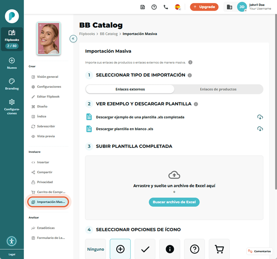 Panel de Importación masiva de BB Catalog abierto; la opción “Bulk import” del menú lateral izquierd