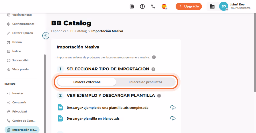 Paso 1 de importación masiva con la barra de conmutación “External links” vs “Product links” resalta Paso 1 de importación masiva con la barra de conmutación “External links” vs “Product links” resalta