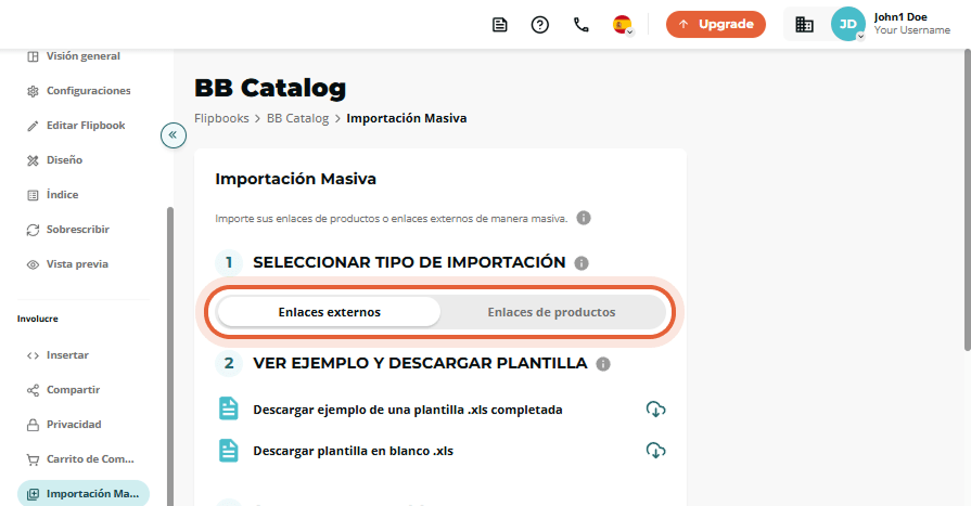 Paso 1 de importación masiva con la barra de conmutación “External links” vs “Product links” resalta