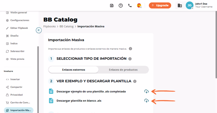 Paso 2 de importación masiva resaltando los iconos para descargar plantillas .xls de ejemplo y en bl Paso 2 de importación masiva resaltando los iconos para descargar plantillas .xls de ejemplo y en bl