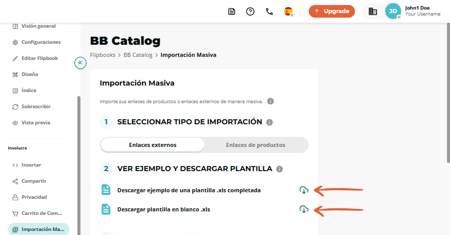 Paso 2 de importación masiva resaltando los iconos para descargar plantillas .xls de ejemplo y en bl