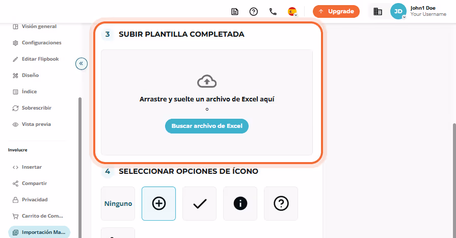 Paso 3 de importación masiva con el gran cuadro de arrastrar y soltar para subir el archivo Excel co Paso 3 de importación masiva con el gran cuadro de arrastrar y soltar para subir el archivo Excel co