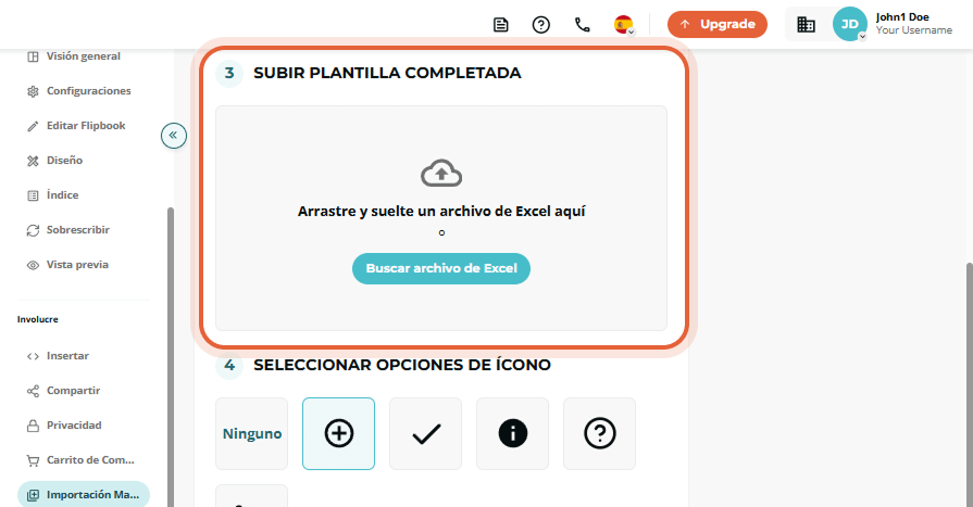 Paso 3 de importación masiva con el gran cuadro de arrastrar y soltar para subir el archivo Excel co