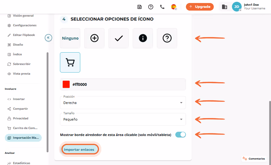 Paso 4 de importación masiva mostrando opciones de icono; carrito seleccionado y botón “Import links Paso 4 de importación masiva mostrando opciones de icono; carrito seleccionado y botón “Import links